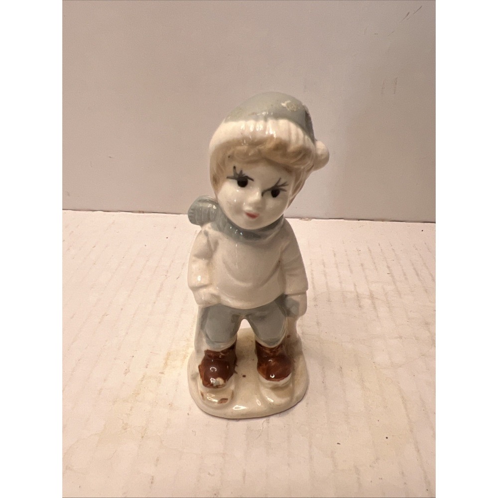 Vtg Porcelain Boy Skiing Hand Painted Japan 1960s